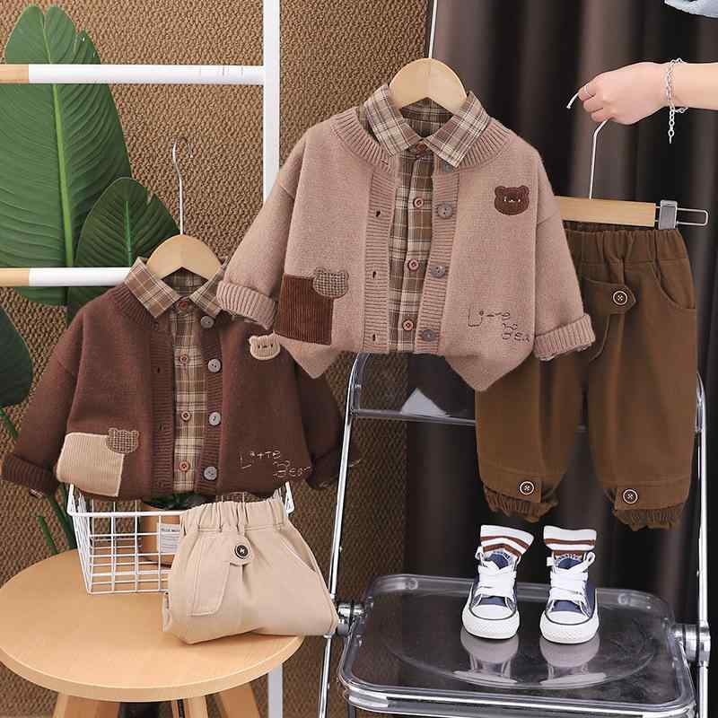 セットアップ キッズ 男の子 男児 ベビー 幼児 春秋 綿 コットン 柔らかい ソフトタッチ チェック柄 格子柄 シャツ 刺繍クマ 長袖 セーター ニット パンツ 3点セット カジュアル 普段使い かわいい おしゃれ