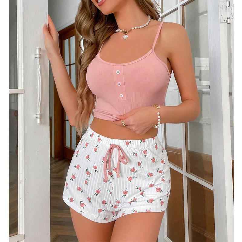 ルームウェア レディース 女性用 キャミソール ショートパンツ 上下セット セクシー 高級感 かわいい 小花柄 薄手 涼しい 夏 パジャマ 部屋着 ピンク|way-ugo