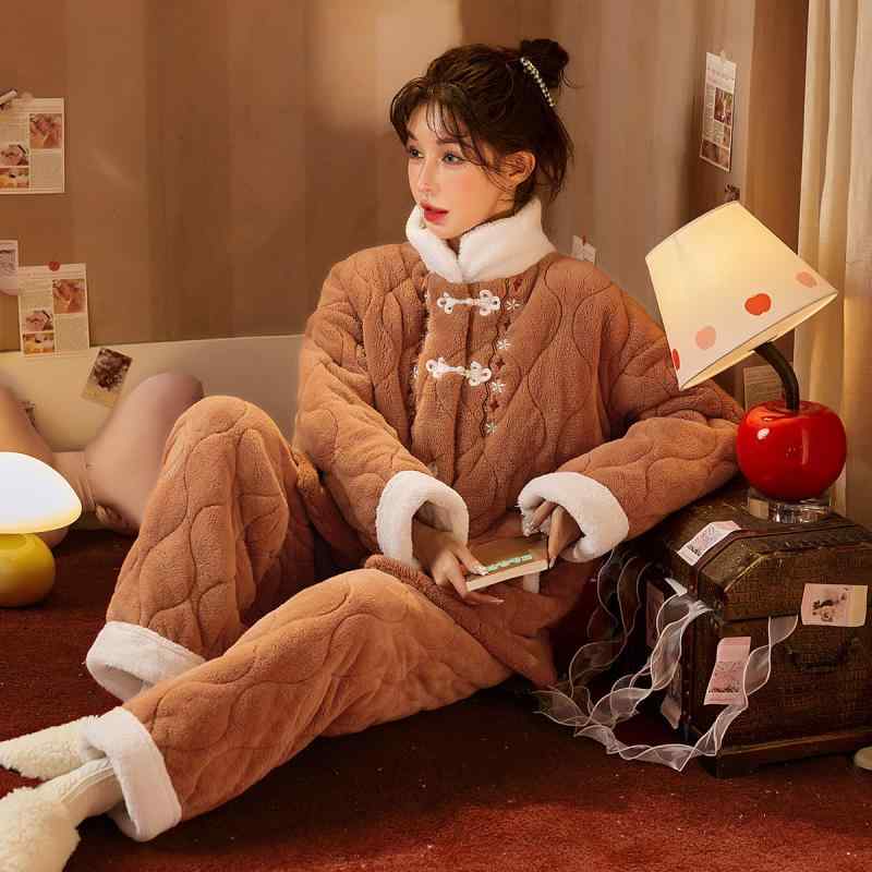 パジャマ レディース お部屋お召しもの 新瀬戸もの風 愛くるしげ 極暖 中綿入り口・入口 サンゴフリース ポリエステル あったか 照明ランプ色合い 長袖 ロングズボン下 上下仕掛ける 秋冬 お部屋着 好いたらしい 伸び伸びする
