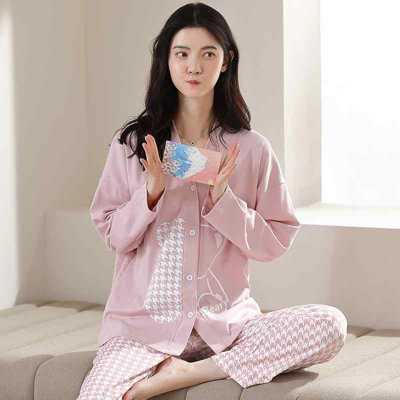 パジャマ レディース 女性用 ルームウェア 秋冬 純綿 コットン 厚手 保温 二重生地 Vネック 前開き ボタン 長袖 ロングパンツ 上下セット