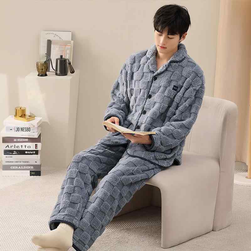 パジャマ メンズ 男性用 秋冬 サンゴフリース 裏起毛 厚手 保温 あったか モコモコ 長毛 フリース 前開き 開襟 長袖 ロングパンツ 快適 カジュアル 部屋着 ルームウェア ワンマイルウェア セットアップ