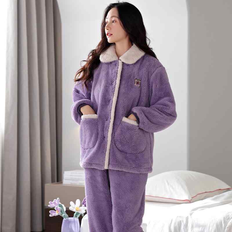 ルームウェア ミセス 女性用 パジャマ ポリエステル フリース 厚手 あったか ゆったり 大きいサイズ 部屋着 ホームウェア 快適 上下セット 開襟 長袖 長ズボン 外出着 ワンマイルウェア 高級感 エレガント 秋冬 春 3シーズン対応