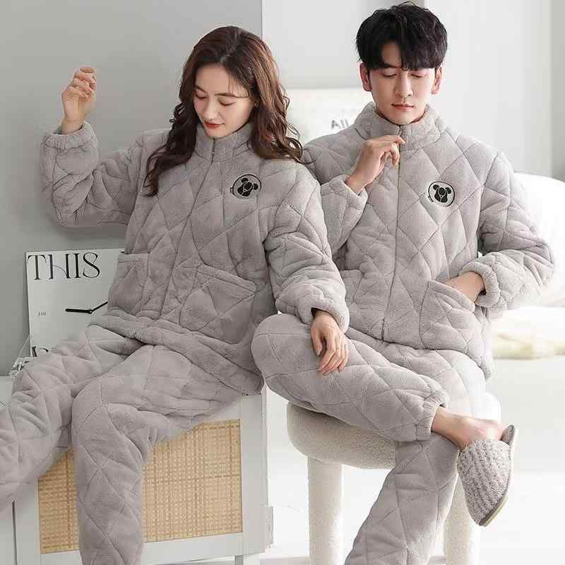ルームウェア カップル 男女兼用 メンズ レディース 秋冬 パジャマ サンゴフリース マイクロフリース 三層キルティング 厚手 保温 あったか ふわふわ ファスナー ジップアップ 立襟 長袖 長ズボン 上下セット 部屋着 ワンマイルウェア ホームウェア