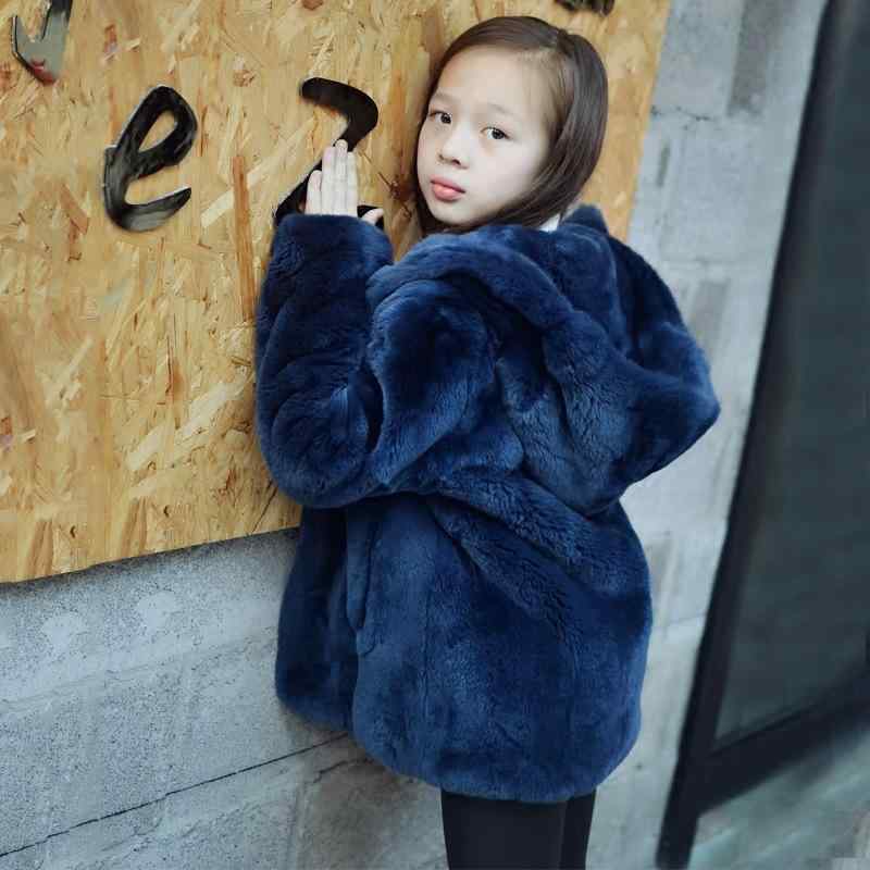 ファーコート キッズ 男女兼用 子供服 レッキスラビットファー 厚手 保温 防寒 フード付き ミドル丈 ポリエステル裏地 秋冬 アウター 12,420円