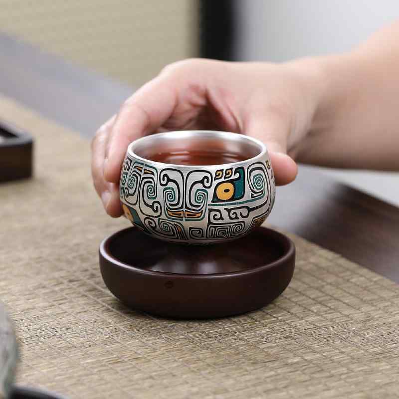 茶器仕かける 999純銀製 現ナマ錯象嵌 エナメル彩 銀彩 急須 湯呑み2客 耐熱 水漉し 熱傷押しとどめる 軽奢風 レトロ 雅びやか 御膳上等感 差し上げ物 譲りわたす品 商行為 喜び事 お茶用品セット-キッチン用品・食器・調理器具-コーヒー・お茶用品