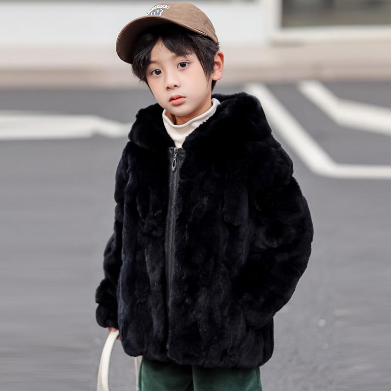 アウター キッズ 男の子 ボーイズ ベビー ブラック フード付き リアルレッキスラビットファー 中綿入り 厚手 防寒 保温 暖かい 通学 冬物 コート|way-ugo