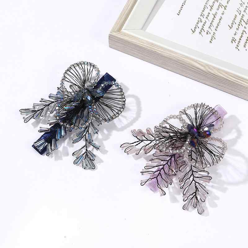 ヘアクリップ レディース 手編み ハンドメイド クリスタル 高級感 銅線 ビーズ 花モチーフ サイドクリップ 人気 おしゃれ 髪飾り ブルー パープル 通勤 オフィス カジュアル