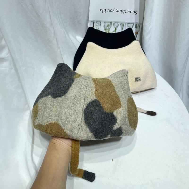 ベレー帽 レディース 女性用 猫耳 かわいい 配色デザイン レトロスタイル ウール混素材 保温性 あったか 防寒 秋冬 ファッション小物