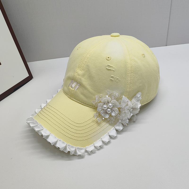 野球帽 レディース イエロー パール スパンコール 蝶 レース 上品 エレガント 春夏 帽子 日よけ 紫外線対策 防風 サイズ調整可能 綿 ポリエステル