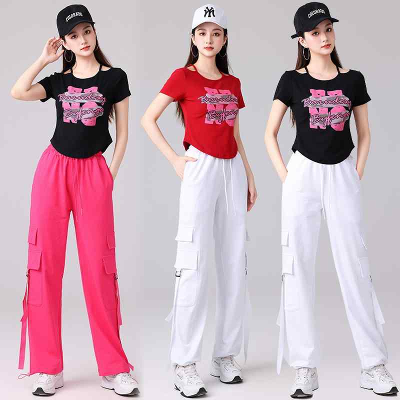 ダンスウェア レディース おしゃれ 春夏秋 ラウンドネック プリント 半袖Tシャツ ゆったり リボン カーゴパンツ 上下セット コットン ストリート 練習着