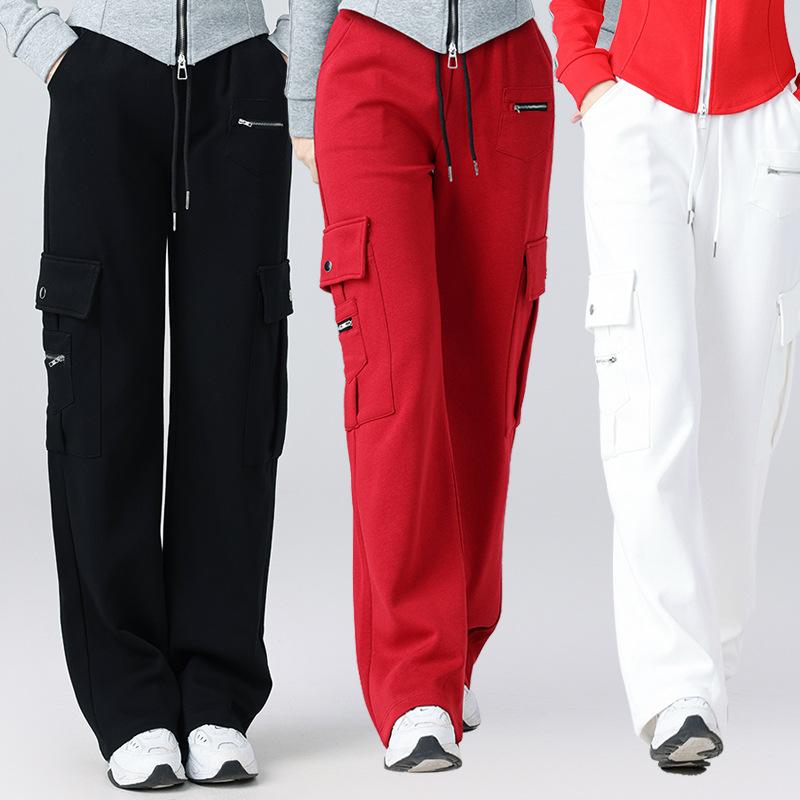 ダンスパンツ レディース 秋冬 厚手 保温 カーゴパンツ ワークパンツ ストレート カジュアル 運動 レジャー コットン 綿 普段使い ゆったり ホワイト ワインレッド ブラック
