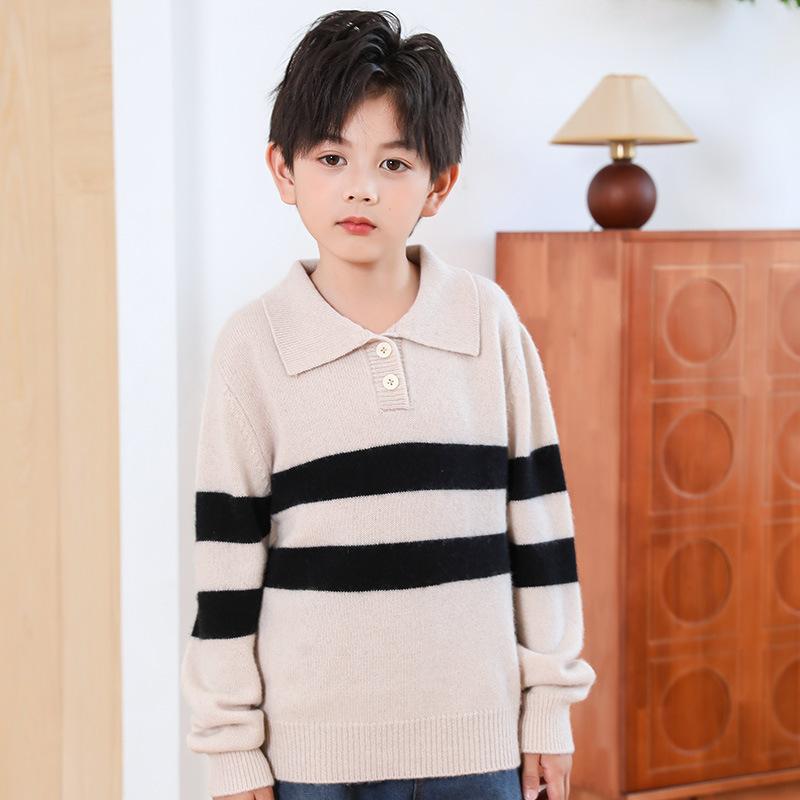 ニットポロシャツ 男の子 キッズ 子供用 ロングシーズン ボーダー柄 セーター 普段着 通園 通学 おしゃれ カジュアル ベージュ ブラック