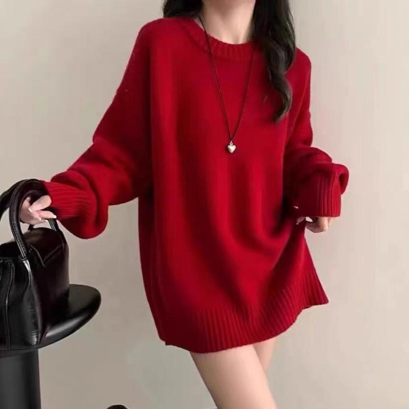 編み物 レディース 成人女性用 秋冬 朦々たる あったか 羊毛 絨毛 ティーシャツ ゆったり 厚地の外套大きさ ラウンド素っ首 丸首 長袖 無地 分かりやすい 通い 執務室 心地好い トップス