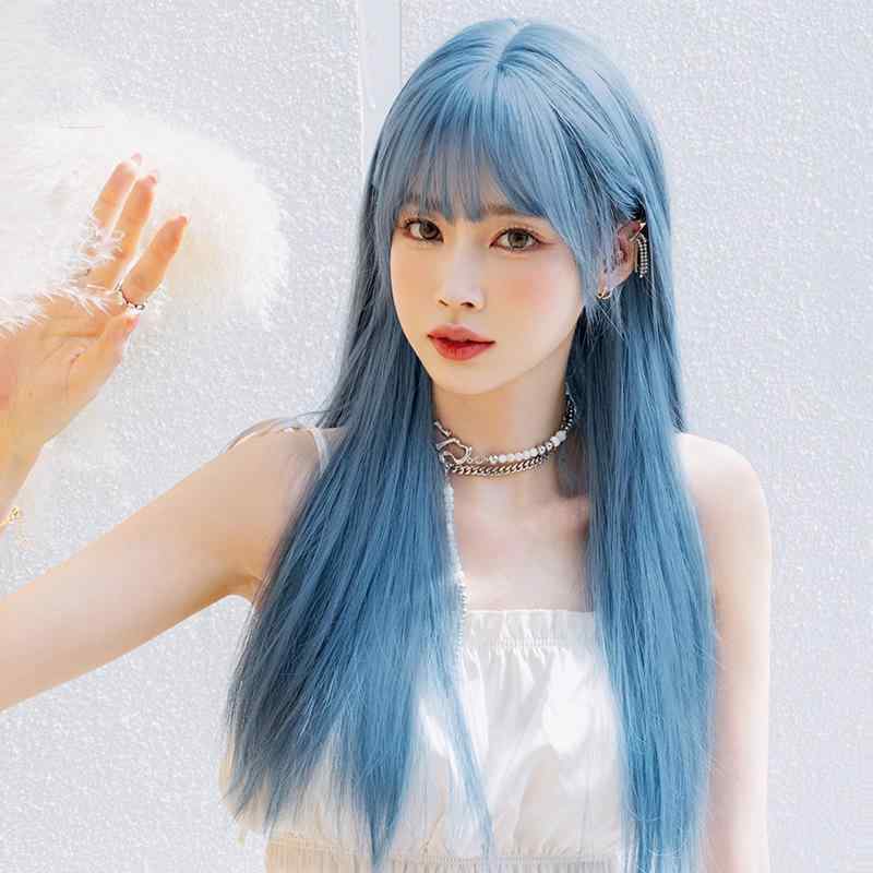 ファッションウィッグ レディース ロングストレート フルウィッグ ぱっつん前髪 マーメイドブルー 高温耐熱ファイバー 自然な見た目 イメチェン おしゃれ 小顔効果|way-ugo