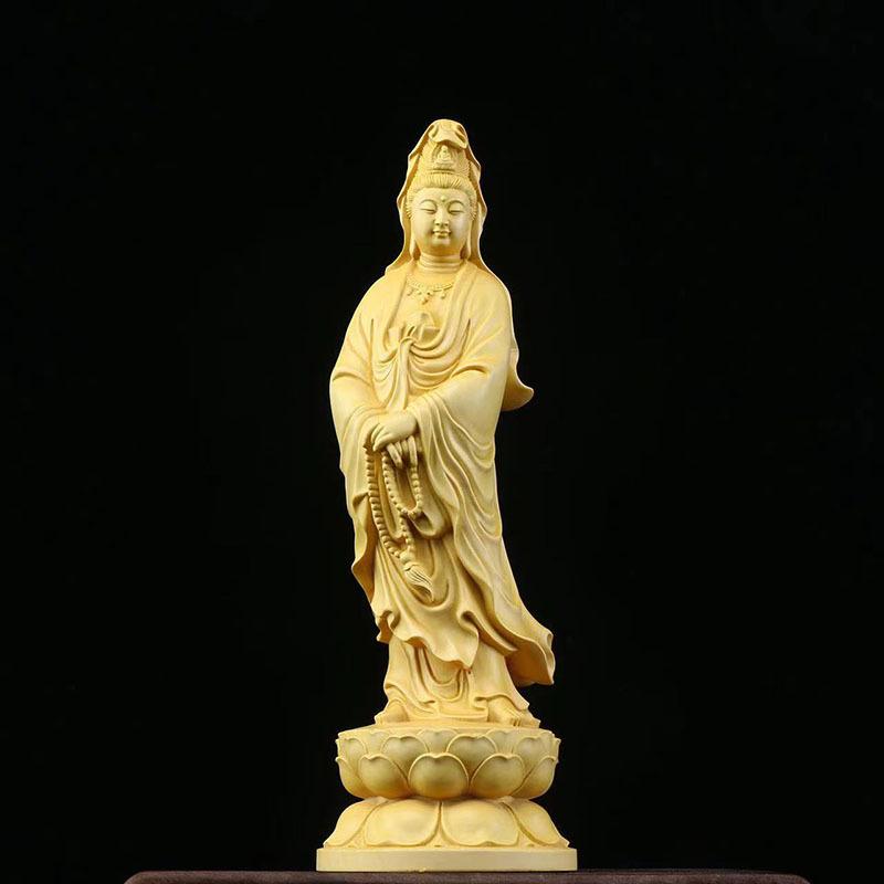 仏像 置物 念珠観音菩薩像 崖柏 黄楊木 木彫り 手彫り 精巧な彫刻 ミニ仏像 掌サイズ 供養 開運祈願 癒し インテリア オブジェ 縁起物 お守り 仏壇飾り 贈答品 贈り物 ギフト