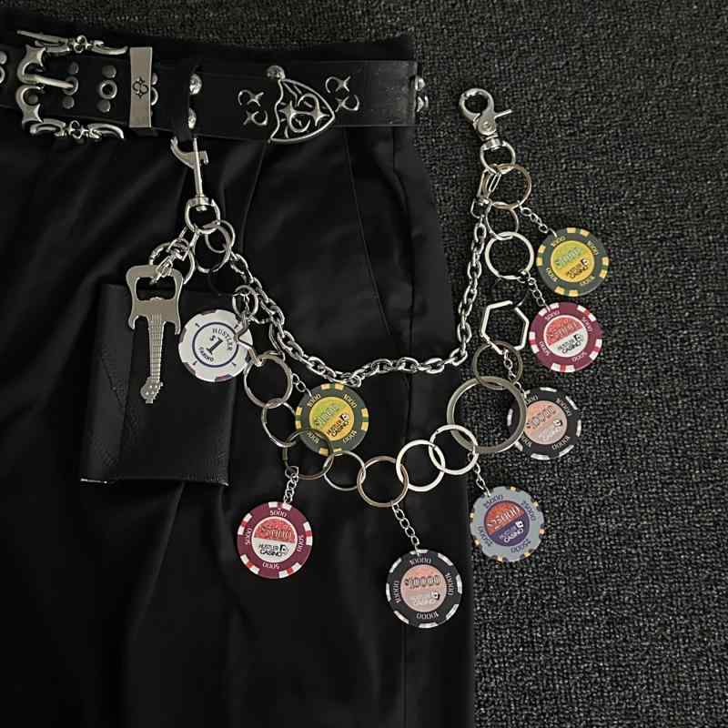 パンツチェーン マルチカラー チップ ダブルレイヤー 切り替え 幾何学デザイン 個性的 ハンドメイド ミックス素材 ウォレットチェーン カジュアル ストリートファッション 夏季