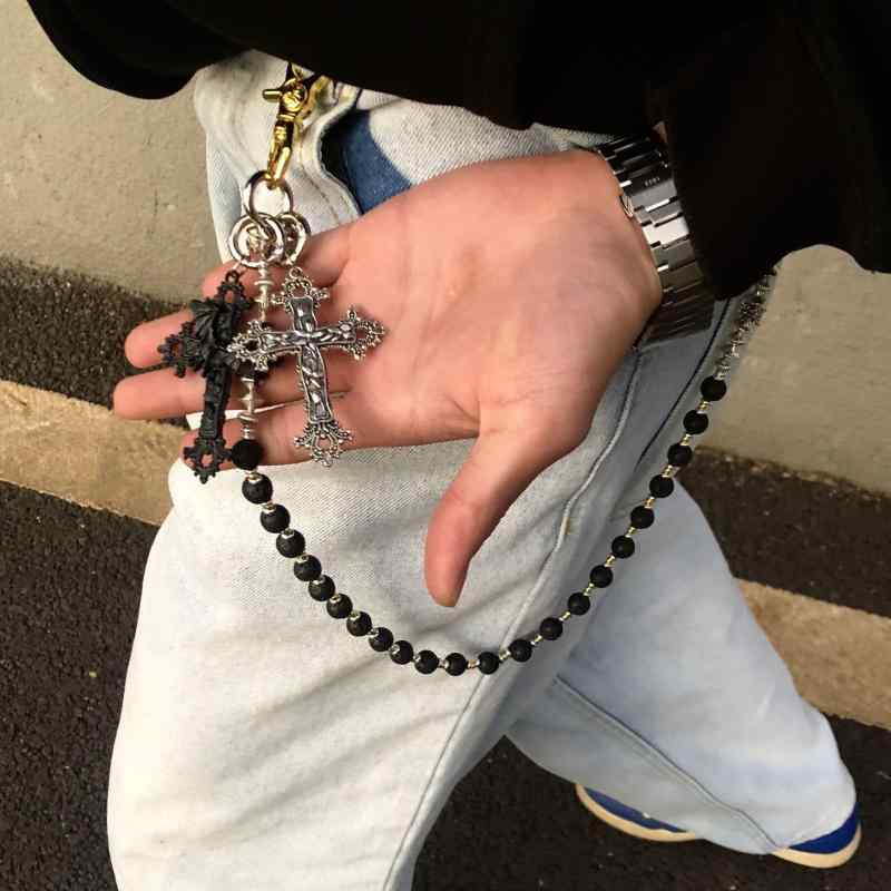 アクセサリー 男女兼用 パンツチェーン ウエストチェーン 欧米風 ゴシック ヒップホップ ストリート ロック カジュアル ハンドメイド 十字架モチーフ チャーム 火山石 ブラック クール おしゃれ ファッション小物