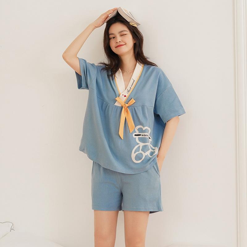 ルームウェア レディース プリンセス かわいい 和風デザイン 半袖 ショートパンツ 上下セット 夏 綿100% Vネック 薄手 涼しい 部屋着 パジャマ ワンマイルウェア