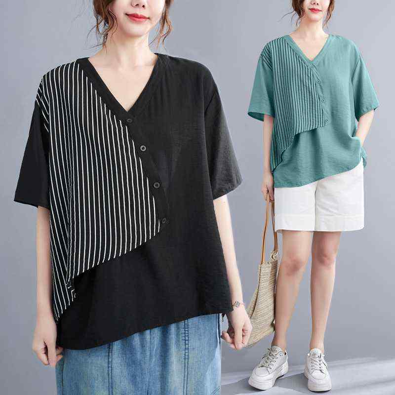 Tシャツ トップス レディース 春夏 韓国風 アシンメトリー 斜めボタン 大きいサイズ ゆったり 半袖 ストライプ柄 Vネック 綿混 カジュアル お洒落 体型カバー