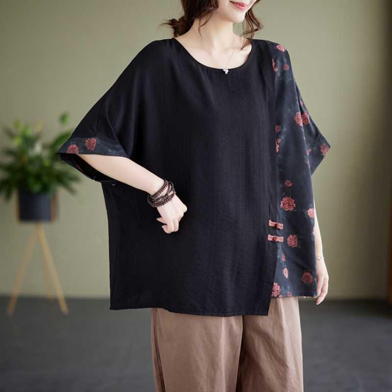 Tシャツ レディース レトロ カジュアル 綿麻 ドルマンスリーブ 半袖 切り替え 花柄 プリント 大きいサイズ ゆったり 体型カバー クルーネック 夏 普段使い