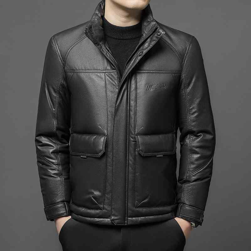 レザージャケット メンズ 本革 ダウンジャケット シープスキン 羊革 ショート丈 スタンドカラー ジップアップ 厚手 保温 防寒 ゆったり ルーズフィット カジュアル デイリーユース 普段使い 冬 アウター