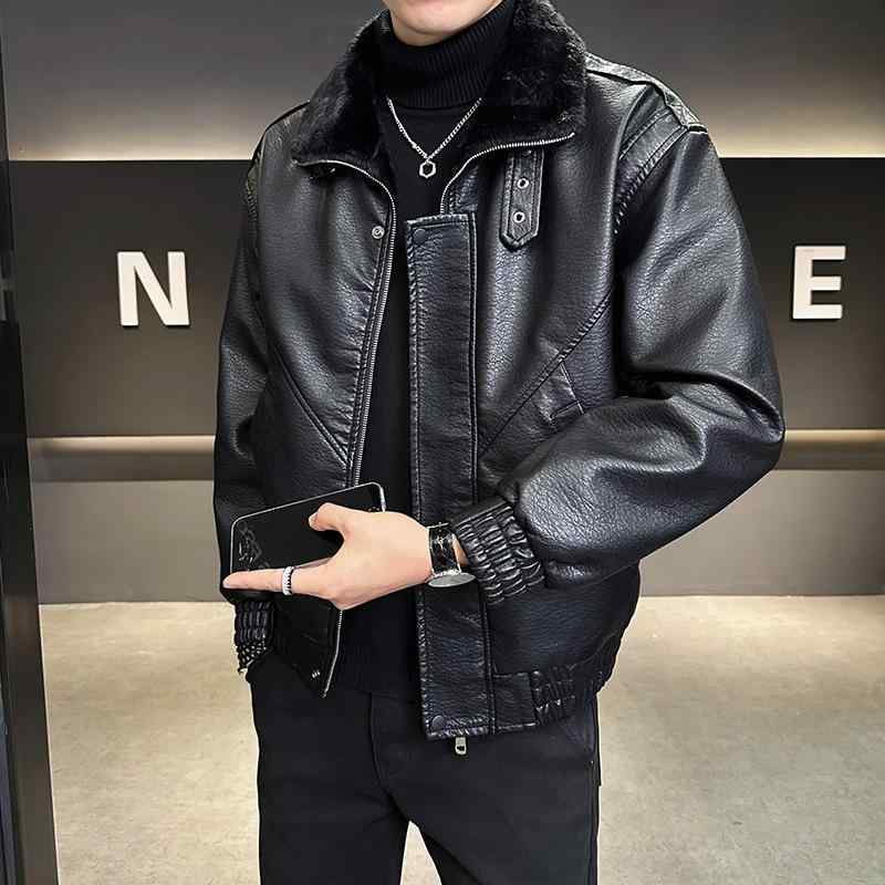なめし革上衣 メンズ 成人男性用 羊革 本革 裏ボア 羊肉 朦々たる 防寒 生あたたかい 保温 秋冬 ジップアップ 韓国流行り物 心地好い か細い相応う アウター 上衣 黒 珈琲
