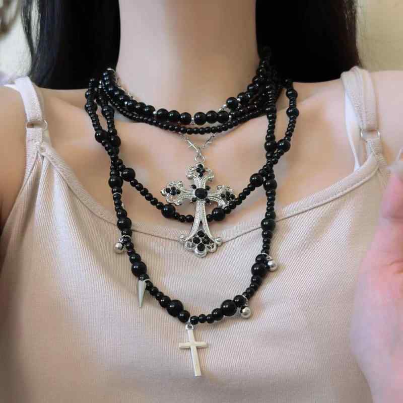 楽天市場】ロングネックレス 黒 フラワー シルバー ブラック モダン 5