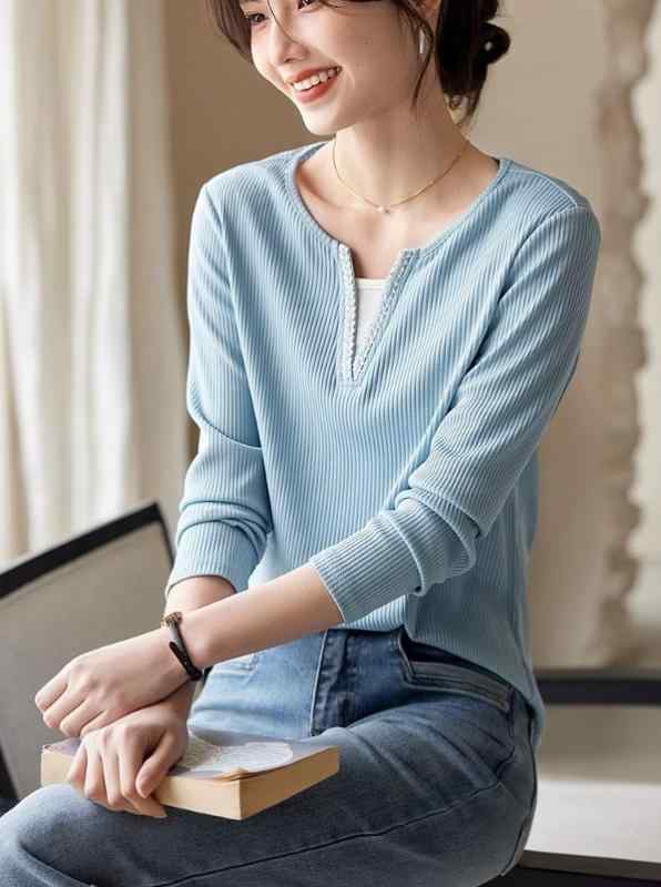 Tシャツ レディース Vネック 長袖 ベーシック 綿混 ニット ストレッチ シンプル きれいめ 着痩せ 通勤 オフィスカジュアル 春秋 グレーブルー トップス カットソー