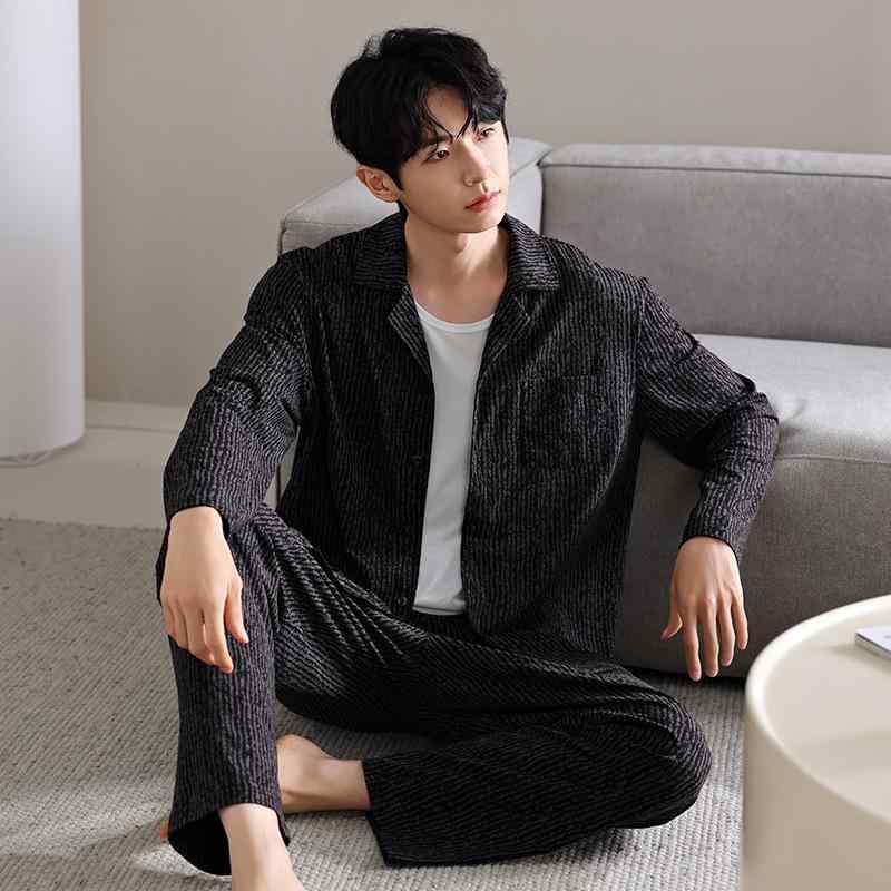 パジャマ メンズ 男性用 モダール ビスコース 柔らか素材 抗菌 ストレッチ 長袖 ロングパンツ セットアップ 前開き 薄手 プリント 襟付き 春秋 ルームウェア 部屋着 ワンマイルウェア 高級感 快適 通気性 グレー系 カジュアル