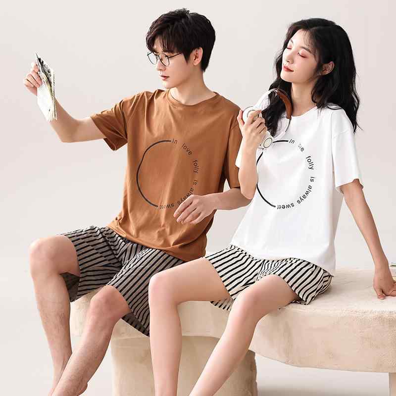 パジャマ ペア 男性用 女性用 夏用 綿 コットン 五分袖 ラウンドネック 前開き ショートパンツ 上下セット ゆったり 通気性 涼しい 部屋着 ルームウェア カジュアル おうち時間