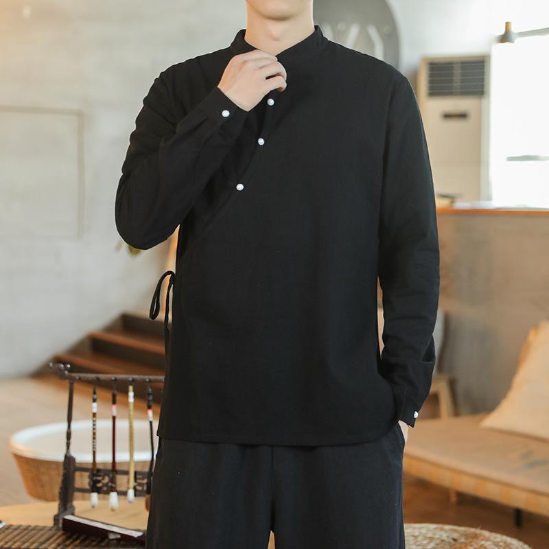 シャツ トップス メンズ 男性用 春秋 中国風 チャイナ風 レトロ ビンテージ 綿麻 長袖 スタンドカラー 立ち襟 ゆったり 大きいサイズ カジュアル 普段着 通気性 無地 ホワイト ブラック