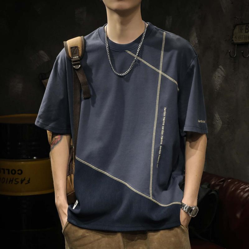 Tシャツ メンズ アメリカンスタイル ヘビーウェイト 半袖 切り替え 配色 クルーネック ゆったり ビッグシルエット 綿100% カジュアル トップス 夏