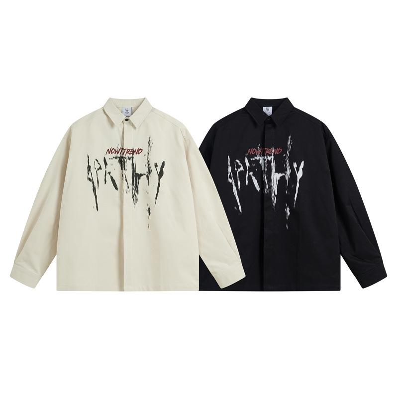 シャツ 男性用 アメリカンレトロ ストリート ファッション グラフィティ レタープリント 長袖 レギュラーカラー ゆったり ルーズフィット カジュアル ポリエステル ブラック ベージュ系 秋 普段使い デイリーユース
