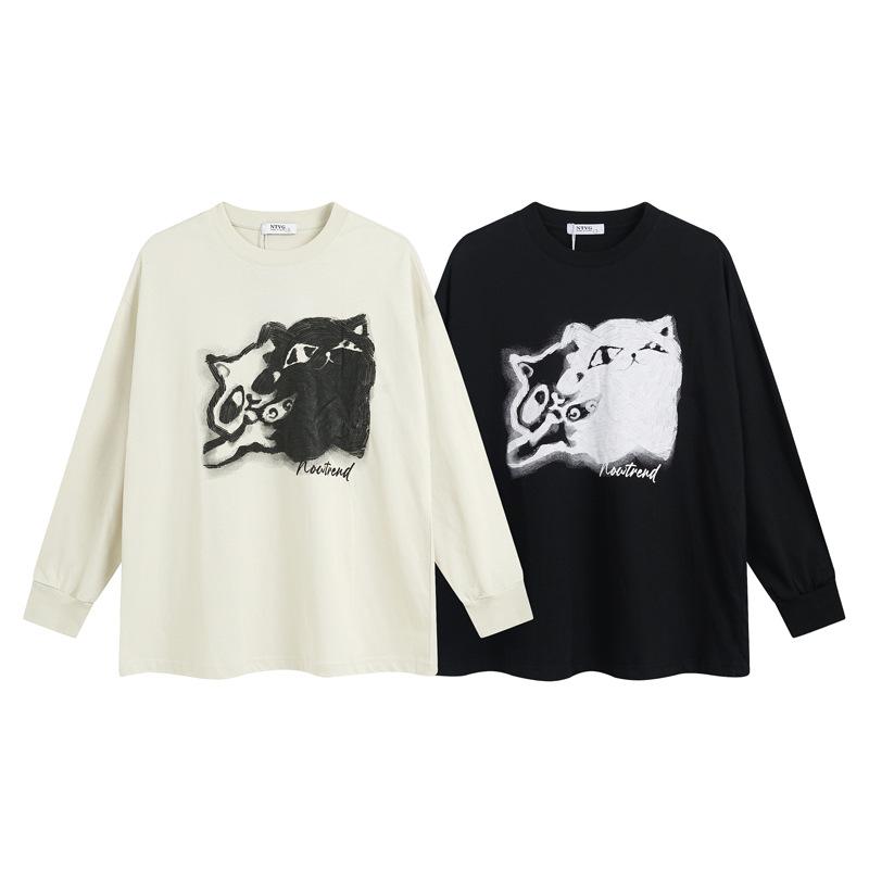 トレーナー メンズ 和風 レトロ カートゥーン 猫プリント 長袖 クルーネック ゆったり オーバーサイズ カジュアル ストリート カップル ペア 普段着 秋 綿混 トップス ブラック ベージュ
