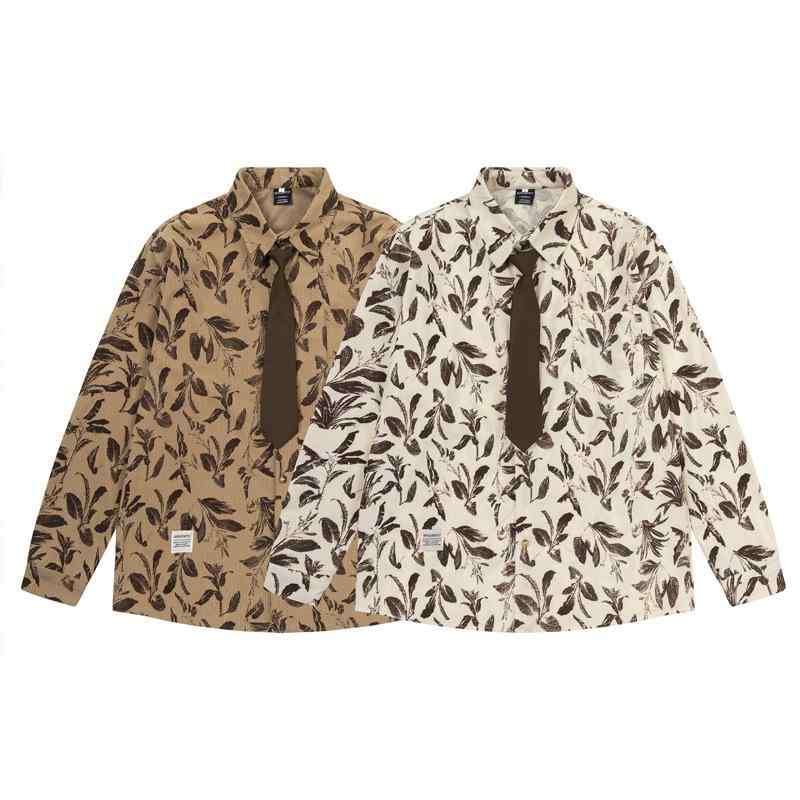シャツ メンズ レディース 秋冬 ポリエステル シワになりにくい ゆったり ビッグシルエット ジャガード 総柄 ネクタイ飾り カジュアル スクール風 カップルコーデ 着回し アプリコット ブラウン
