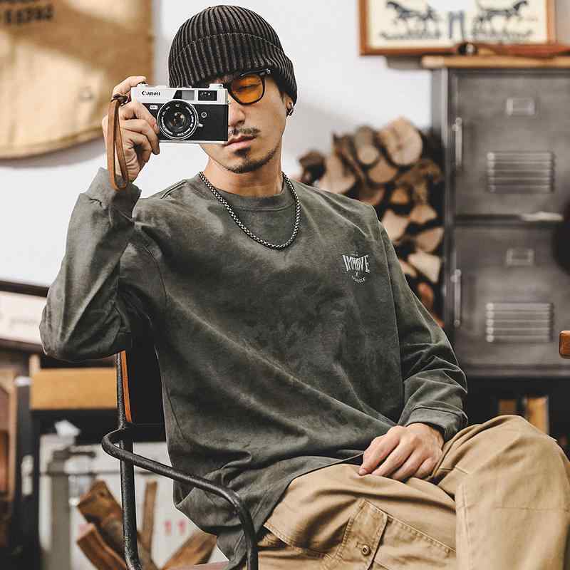 Tシャツ メンズ 長袖 ロンT クルーネック オーバーサイズ ゆったり ドロップショルダー ヘビーウェイト コットン ウォッシュ加工 クラウド染め アメカジ 秋 カジュアル ストリート