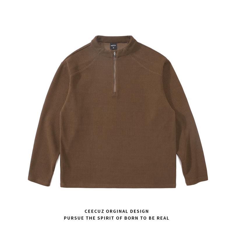Tシャツ メンズ 長袖 ハーフジップ ハイネック ウォッシュド加工 起毛 ワッフル ゆったり オーバーサイズ 綿混 プルオーバー カジュアル 無地 秋冬 ブラック ブラウン