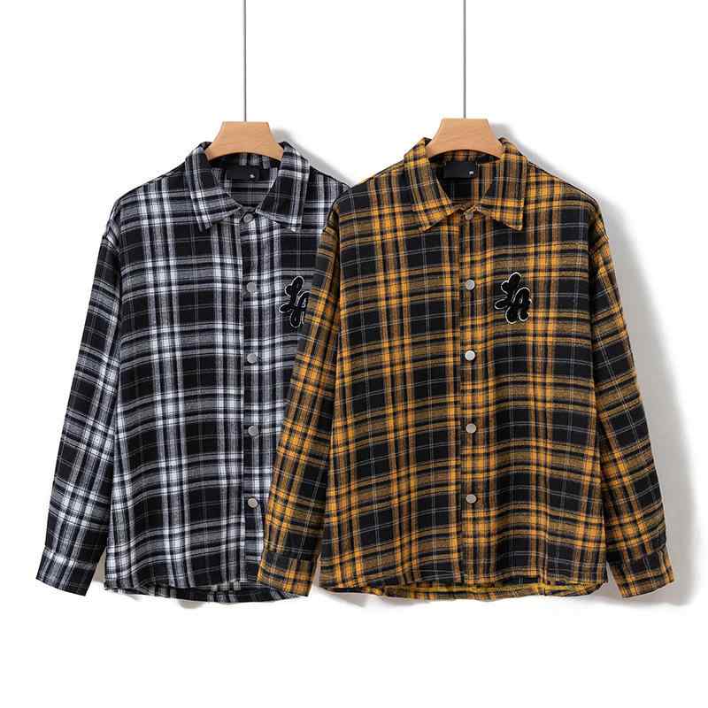 シャツ メンズ 男性用 秋冬 レトロ チェック柄 長袖 タオル刺繍 切り替え ゆったり オーバーサイズ コットン トップス アウター 羽織り ブラック イエロー ストリートスタイル カジュアル 普段使い