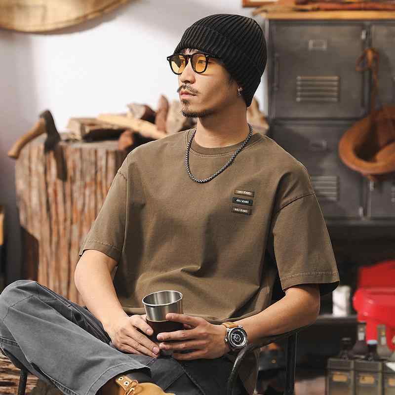 Tシャツ メンズ レトロ ヴィンテージ 半袖 クルーネック ドロップショルダー ゆったり オーバーサイズ コットン 薄手 通気性 カジュアル ストリート トップス 夏 普段着