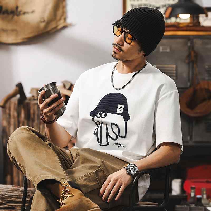Tシャツ メンズ 綿 コットン 立体フロッキープリント 40番手 接触冷感 アメリカンカジュアル レトロ 半袖 春夏 ルーズフィット ビッグシルエット 白 黒 赤 トップス