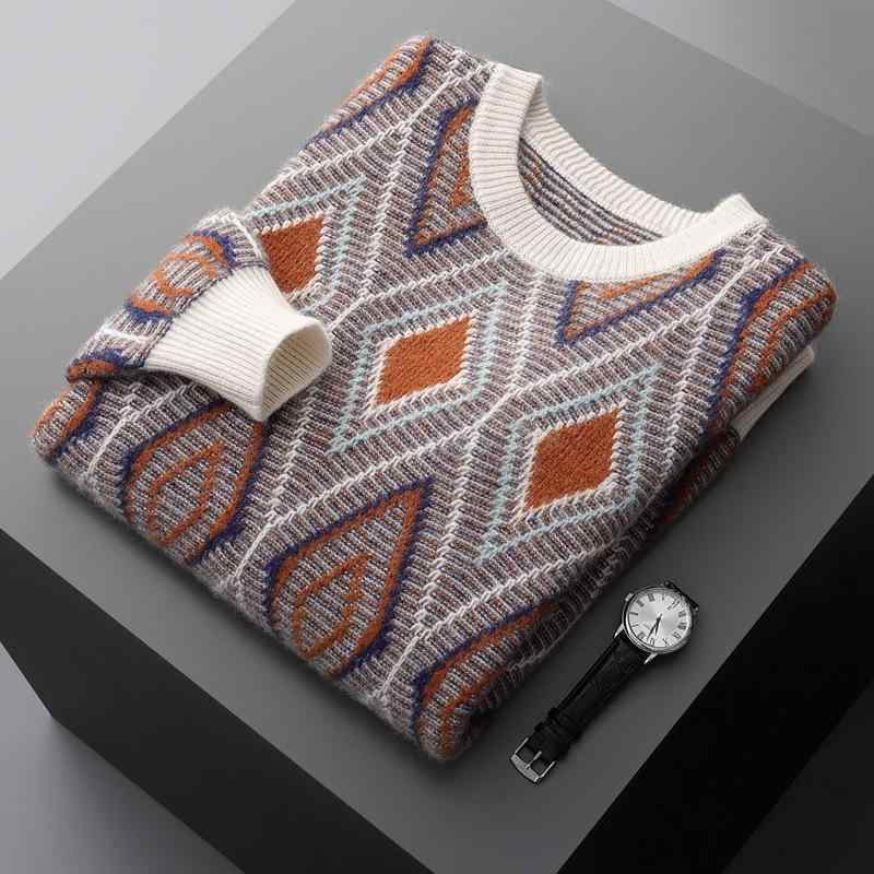 セーター メンズ カシミヤウール混 厚手 ゆったり クルーネック プルオーバー ひし形 配色 ジャガード 韓国風 スポーツ カジュアル 秋冬 ホワイト ブラック
