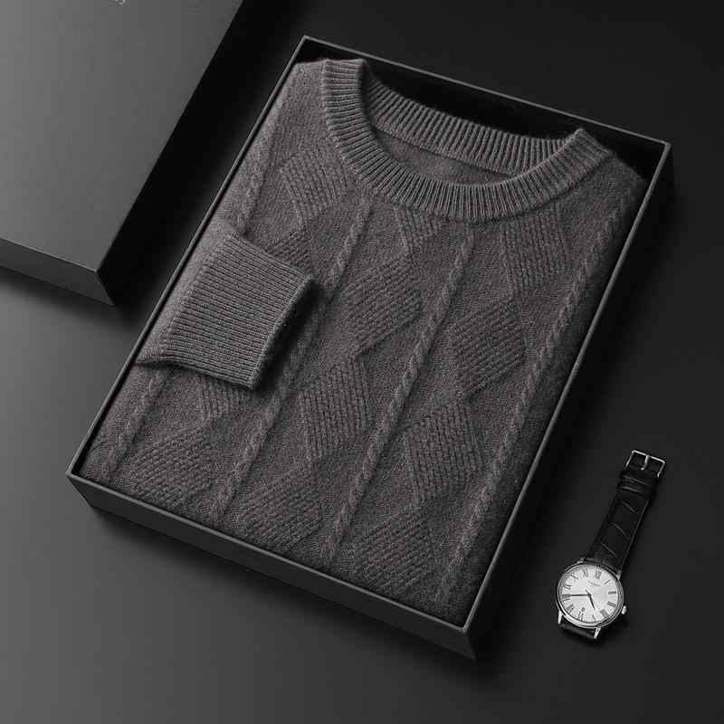 セーター メンズ 男性用 秋冬 カシミヤ ウール 丸首 クルーネック 厚手 長袖 ルーズフィット プルオーバー ジャガード織り ひし形模様 インナー 普段使い 上品
