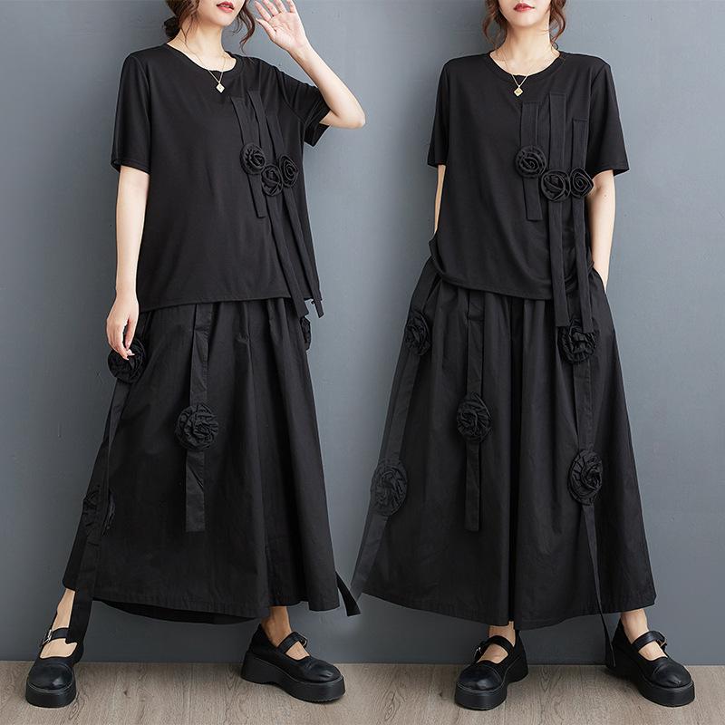 セットアップ レディース 春夏 立体フラワーモチーフ 半袖トップス 無地 クルーネック Tシャツ 着痩せ 体型カバー ウエストゴム ワイドパンツ アンクル丈 きれいめ カジュアル 上下2点セット|way-ugo