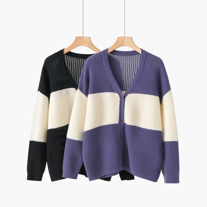 ニットカーディガン レディース 100%ピュア カシミヤ 中厚手 ストライプ柄 Vネック ゆったり カジュアル 通勤 オフィス 上品 エレガント 長袖 秋冬|way-ugo
