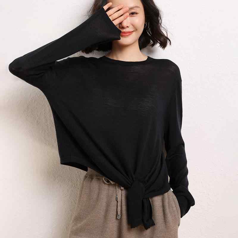 ニット レディース 女性用 クルーネック 丸首 長袖 薄手 シームレス ピュアウール100% 精紡 インナー トップス レイヤード アシンメトリー 結び目デザイン オフィス 通勤 きれいめ 上品 プルオーバー 春夏 チャコールグレー 黒｜way-ugo