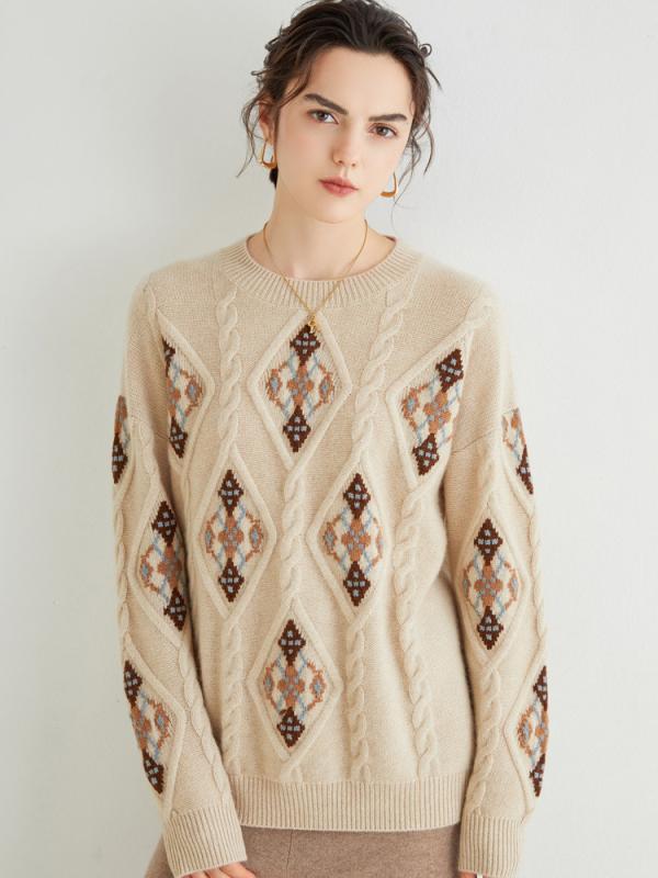 ニットセーター レディース 女性用 秋冬 カシミヤ 厚手 クルーネック 丸首 レトロ クラシック ジャカード 織り柄 プルオーバー ゆったり ルーズ ビッグシルエット カジュアル 普段使い ベージュ