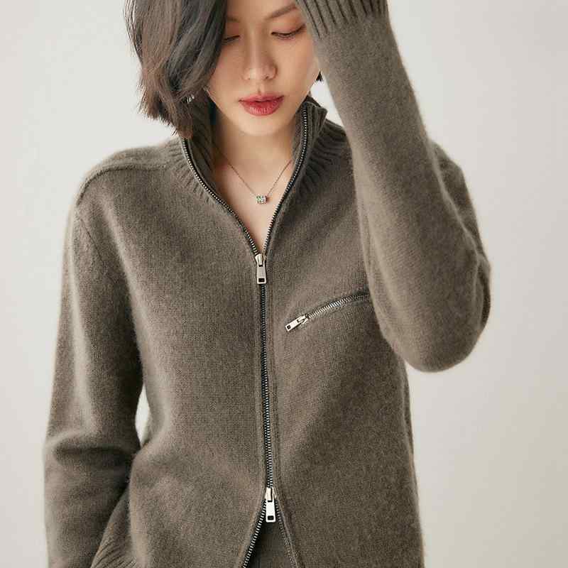 カーディガン レディース ダブルジップ カシミヤ ウール混 厚手 ニット トップス アウター 羽織り 無地 長袖 前開き 通勤 オフィス デイリー 普段使い きれいめ カジュアル 保温 防寒 暖かい 柔らか 秋冬