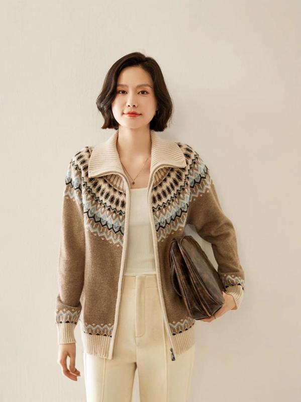 カーディガン レディース フェアアイル柄 カシミヤ混 レトロ 配色 ジャカード織り 襟付き ジップアップ 厚手 ゆったり ミドル丈 秋冬 カジュアル｜way-ugo