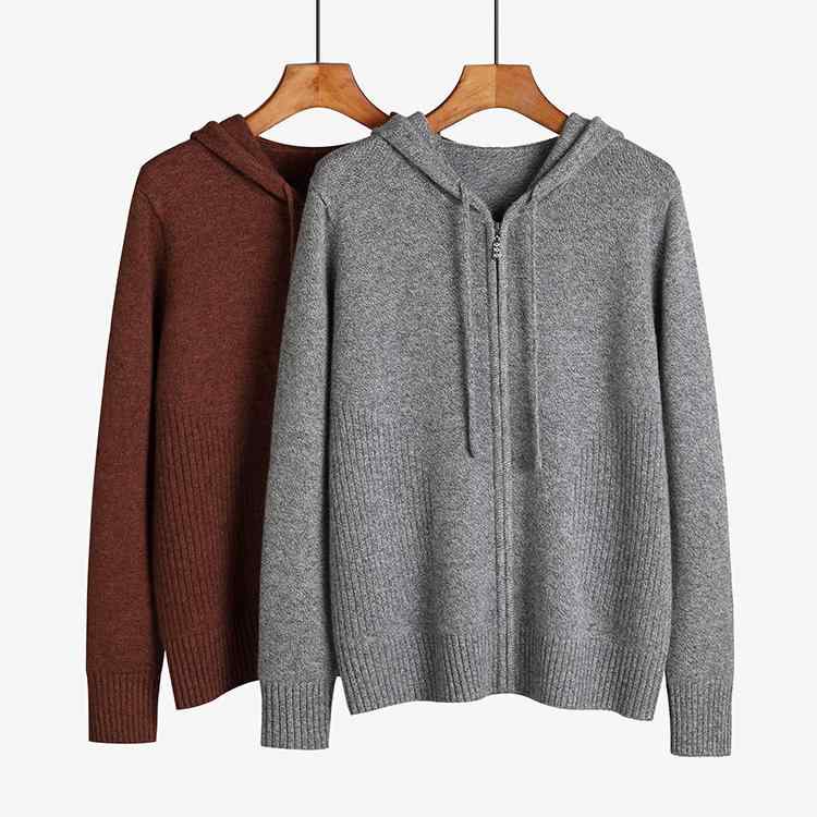 カーディガン 女性用 純カシミヤ 厚手 フード付き 無地 ストレートシルエット 長袖 上品 エレガント 通勤 オフィス カジュアル 普段使い 秋冬 ヘザーグレー ヘザーブラウン