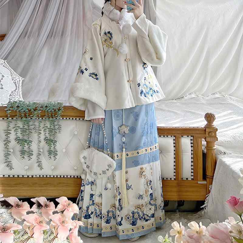 漢服 チャイナ服 レディース 女性用 馬面スカート セットアップ 改良 モダン 上品 優雅 クラシック 半袖 インナー付き 厚手 防寒 綿麻 ポリエステル シワになりにくい リボン イベント 普段使い 秋冬 ホワイト ブルー